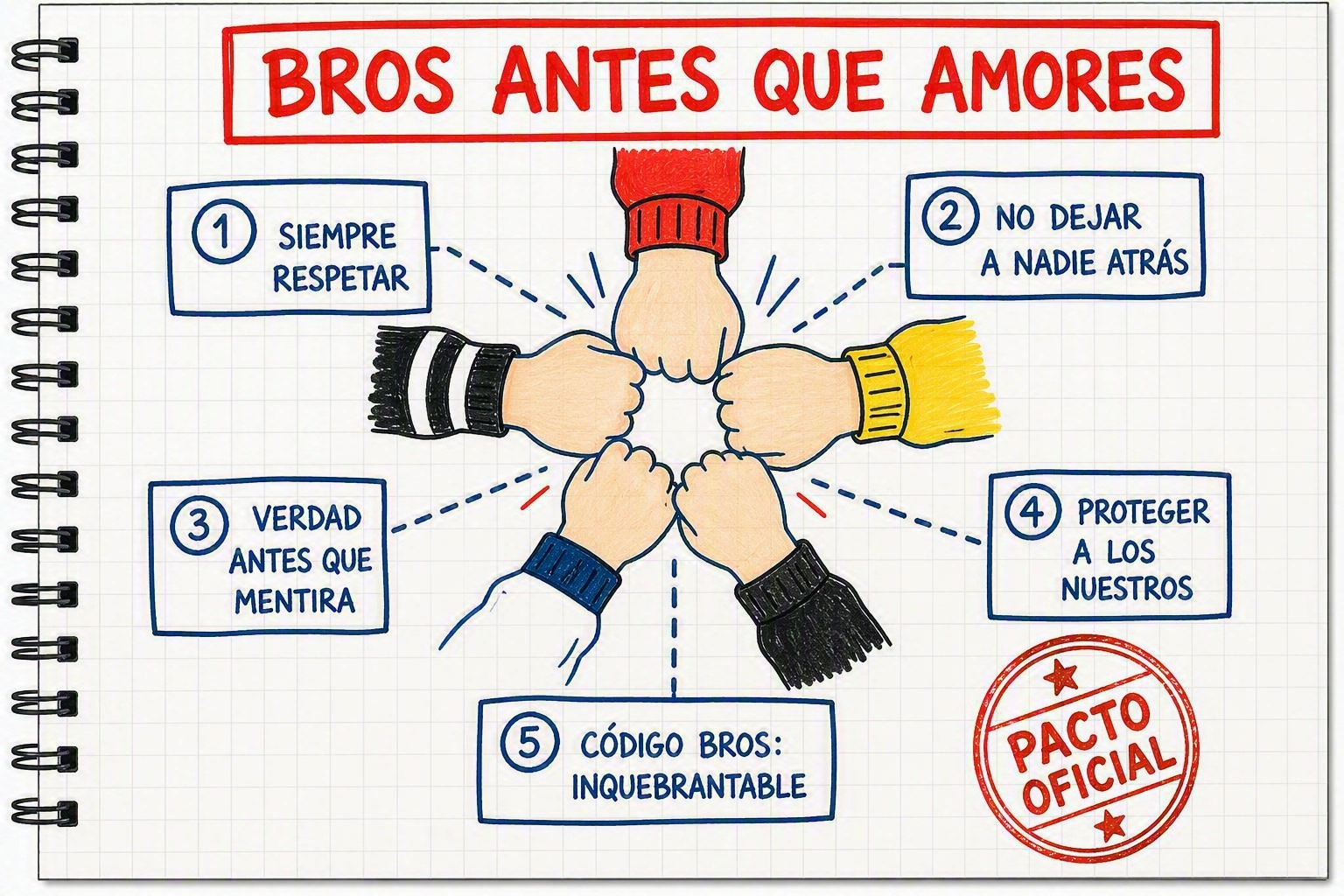 El pacto de los BROS dibujado en un cuaderno
